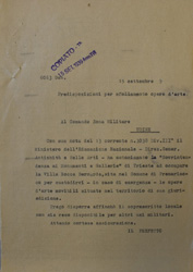 Documento da parte del Prefetto di Udine al Comando Zona Militare di Udine per l´accentramento delle opere d´arte nella Villa Rocca Bernarda in caso di emergenza, 15 settembre 1939 (ASUd, UNPA, b. 2, f. 6)